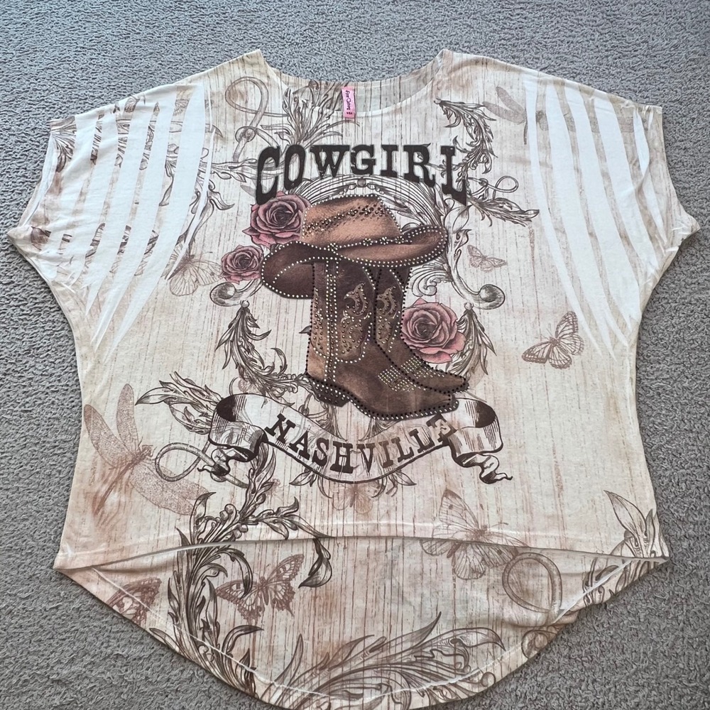 AllStar Clothing Nashville Cowgirl Rhinestone Graphic Top Tan 3XL